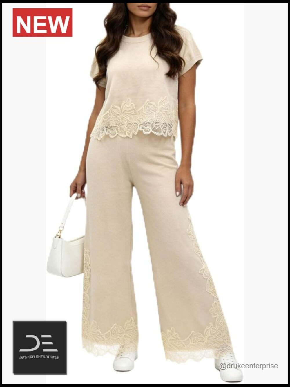 Cotton Spandex Lace Trim Crop Top Short Sleeve Blouse 2 Piece Set